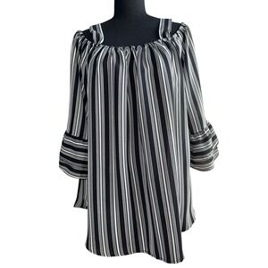 Hot In Hollywood Stripe Cold‎ Shoulder Ruffle Sleeve Blouse Top SzL Boho Office